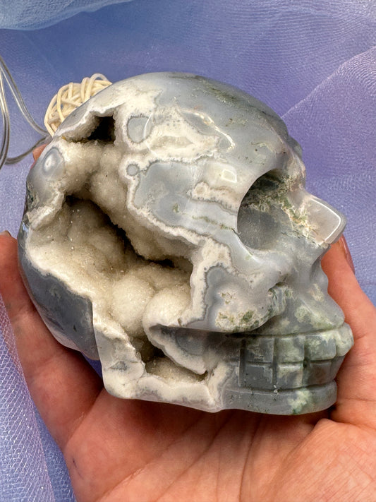 Druzy Moss Agate Skull