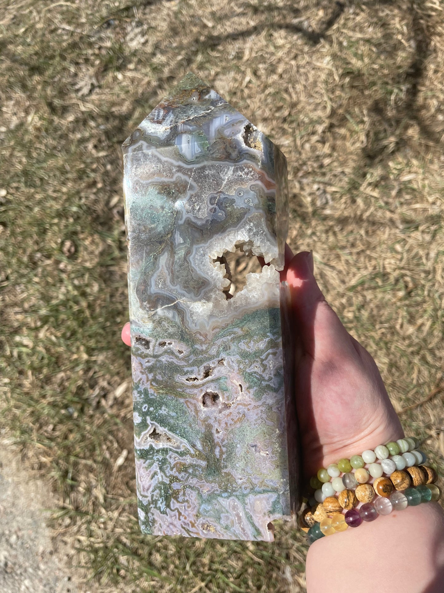 Purple moss agate tower with Druzy